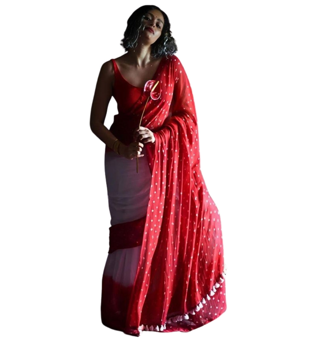 Generic Women's Linen Printed Saree With Unstitched Blouse - 5.5 Mtr (White-Red)
