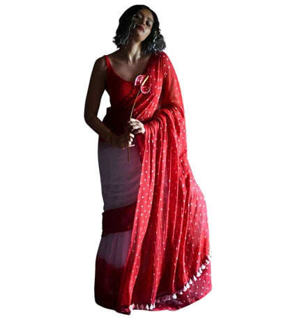Generic Women's Linen Printed Saree With Unstitched Blouse - 5.5 Mtr (White-Red)