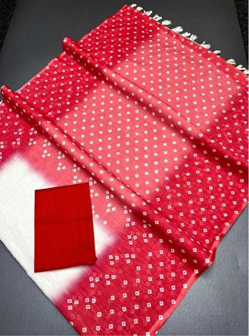 Generic Women's Linen Printed Saree With Unstitched Blouse - 5.5 Mtr (White-Red)