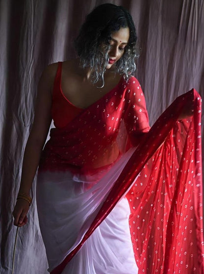 Generic Women's Linen Printed Saree With Unstitched Blouse - 5.5 Mtr (White-Red)