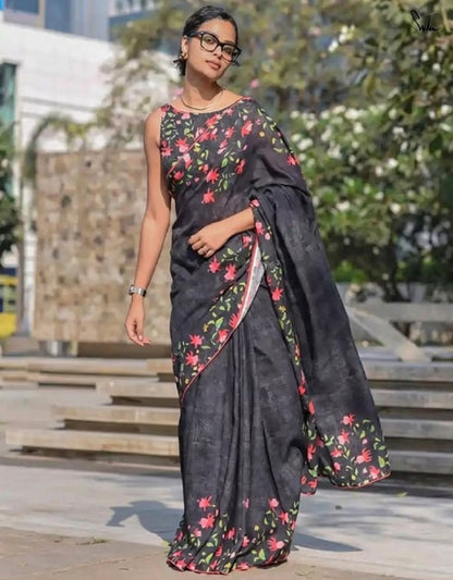 Generic Women's Linen Floral Printed Saree With Unstitched Blouse - 5.5 Mtr (Black)