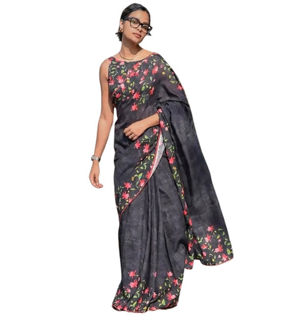 Generic Women's Linen Floral Printed Saree With Unstitched Blouse - 5.5 Mtr (Black)