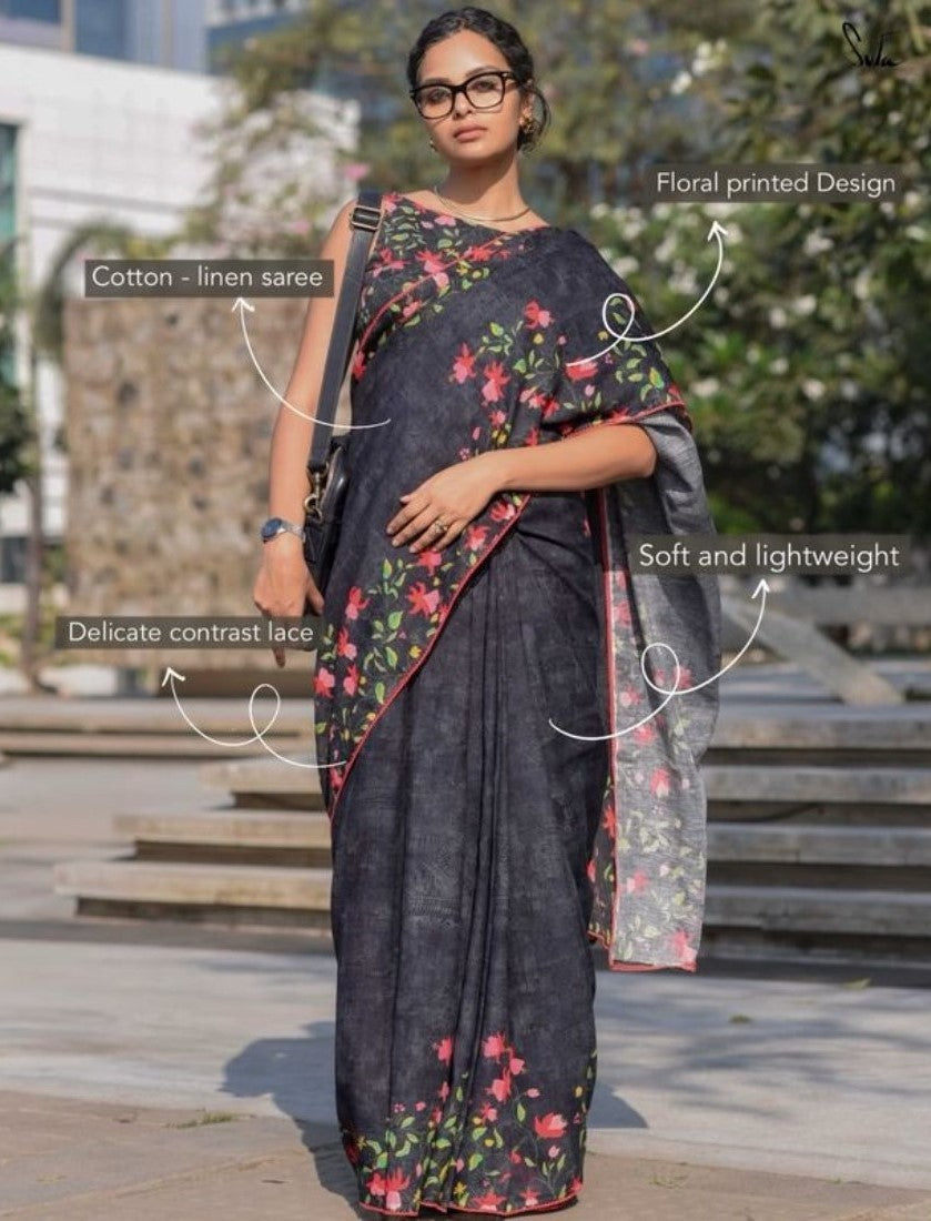 Generic Women's Linen Floral Printed Saree With Unstitched Blouse - 5.5 Mtr (Black)