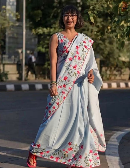 Generic Women's Linen Floral Printed Saree With Unstitched Blouse - 5.5 Mtr (Grey)