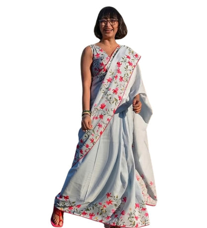 Generic Women's Linen Floral Printed Saree With Unstitched Blouse - 5.5 Mtr (Grey)