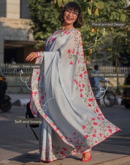 Generic Women's Linen Floral Printed Saree With Unstitched Blouse - 5.5 Mtr (Grey)