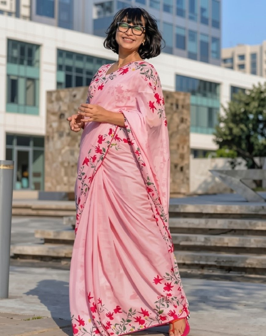 Generic Women's Linen Floral Printed Saree With Unstitched Blouse - 5.5 Mtr (Pink)