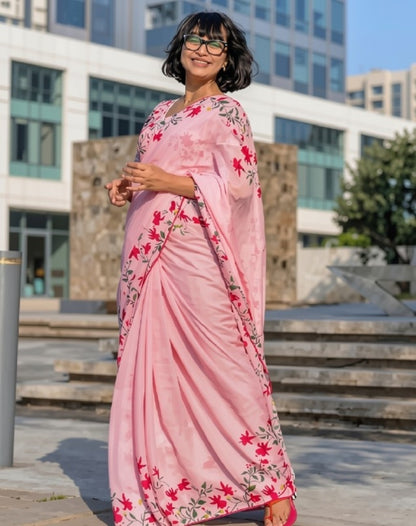 Generic Women's Linen Floral Printed Saree With Unstitched Blouse - 5.5 Mtr (Pink)