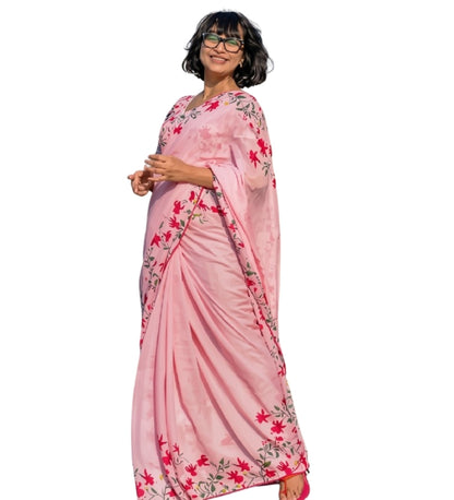 Generic Women's Linen Floral Printed Saree With Unstitched Blouse - 5.5 Mtr (Pink)