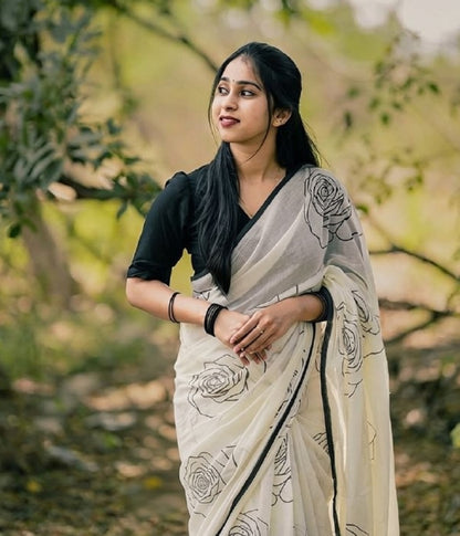 Generic Women's Linen Floral Printed Saree With Unstitched Blouse - 5.5 Mtr (White-Black)