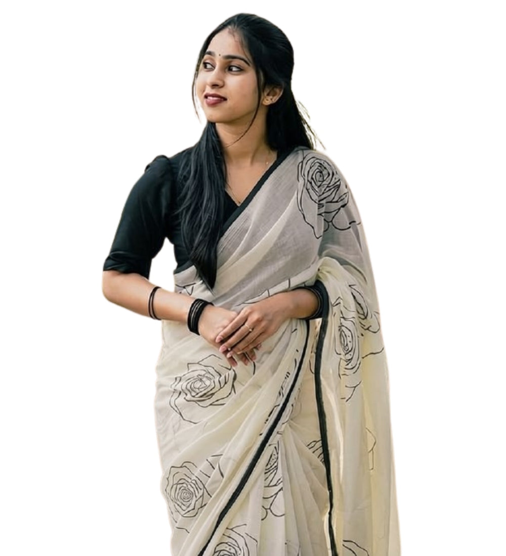 Generic Women's Linen Floral Printed Saree With Unstitched Blouse - 5.5 Mtr (White-Black)