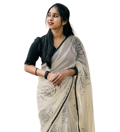 Generic Women's Linen Floral Printed Saree With Unstitched Blouse - 5.5 Mtr (White-Black)