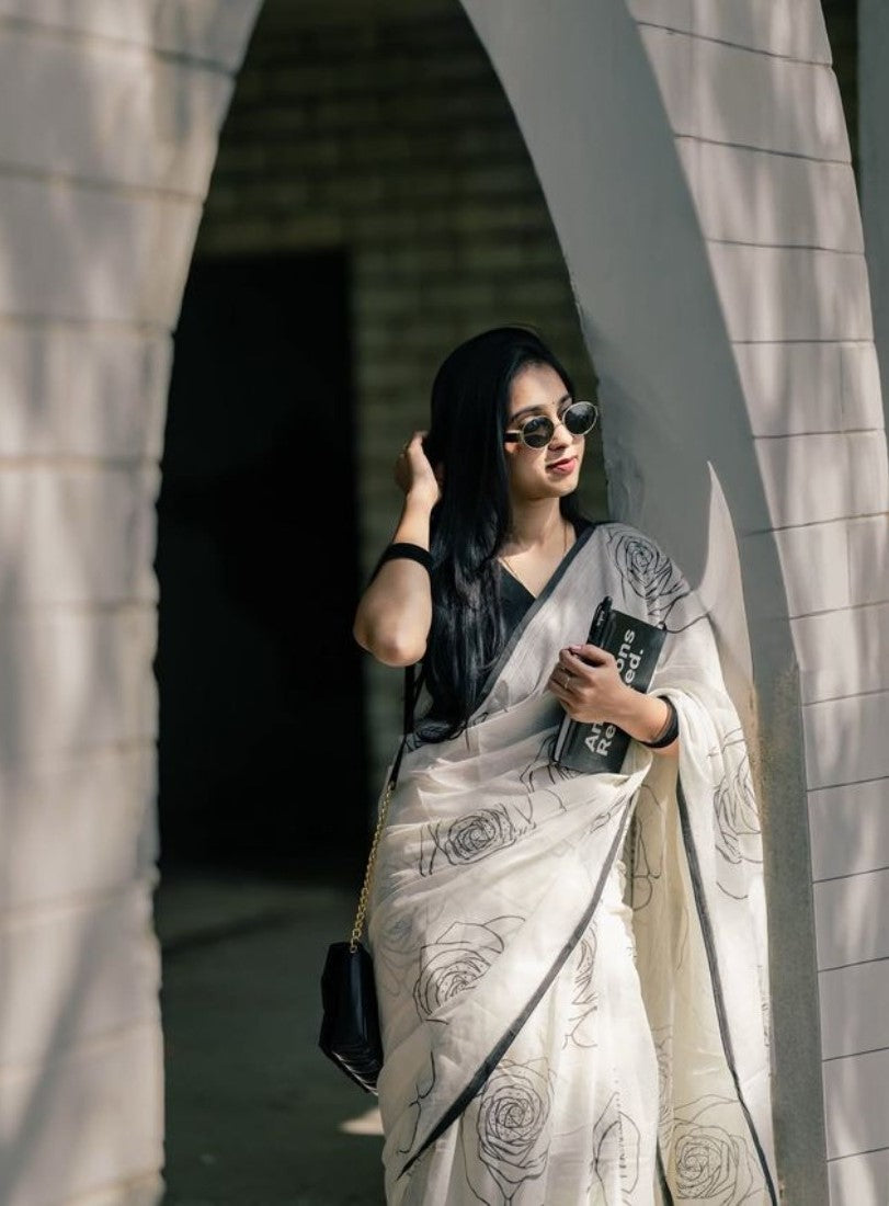 Generic Women's Linen Floral Printed Saree With Unstitched Blouse - 5.5 Mtr (White-Black)