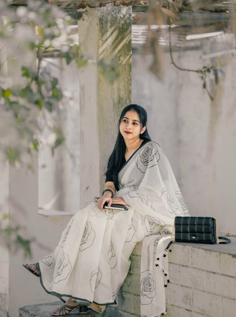 Generic Women's Linen Floral Printed Saree With Unstitched Blouse - 5.5 Mtr (White-Black)