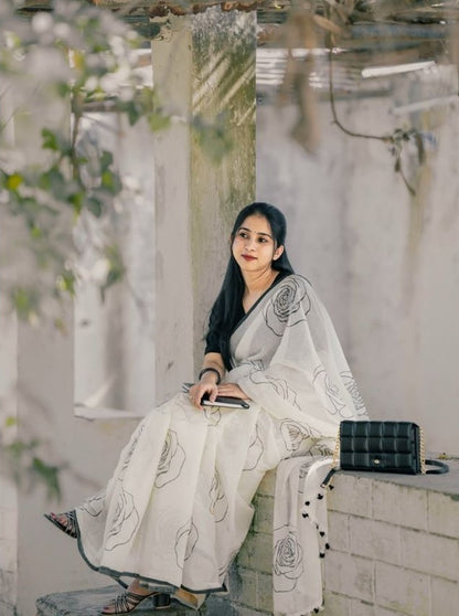 Generic Women's Linen Floral Printed Saree With Unstitched Blouse - 5.5 Mtr (White-Black)