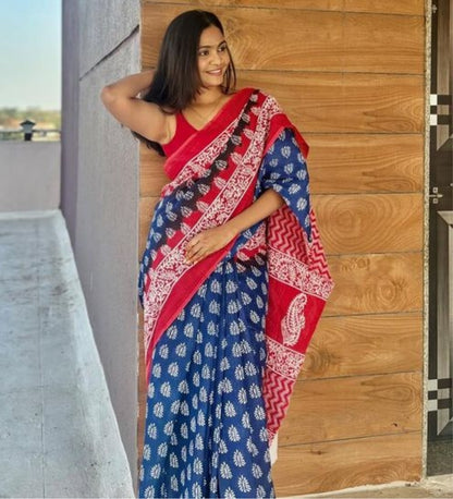 Generic Women's Linen Printed Saree With Unstitched Blouse - 5.5 Mtr (Blue-Red)