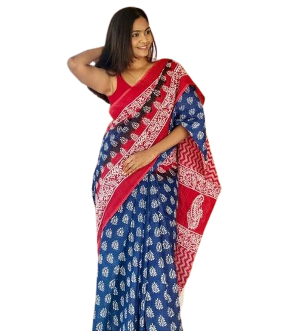 Generic Women's Linen Printed Saree With Unstitched Blouse - 5.5 Mtr (Blue-Red)