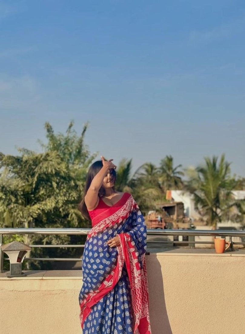 Generic Women's Linen Printed Saree With Unstitched Blouse - 5.5 Mtr (Blue-Red)