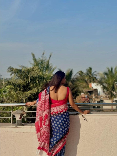 Generic Women's Linen Printed Saree With Unstitched Blouse - 5.5 Mtr (Blue-Red)
