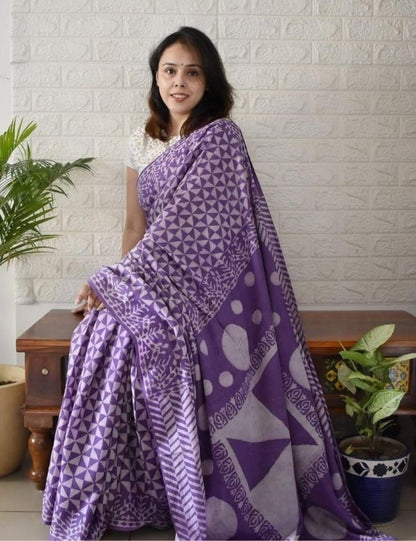 Generic Women's Linen Printed Saree With Unstitched Blouse - 5.5 Mtr (Purple)