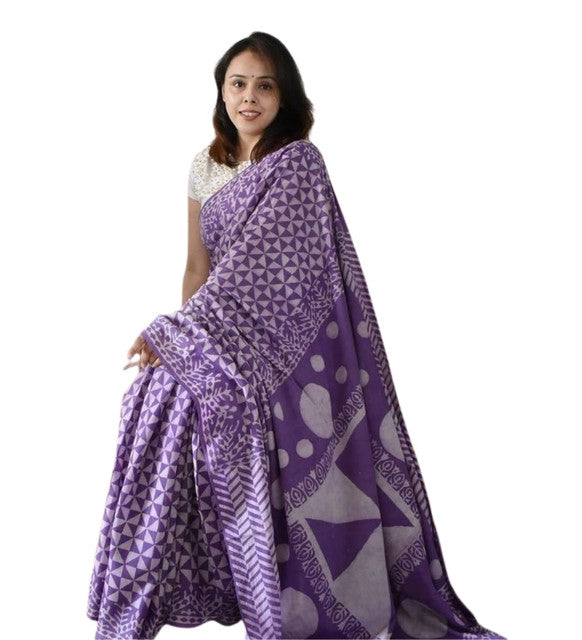 Generic Women's Linen Printed Saree With Unstitched Blouse - 5.5 Mtr (Purple)