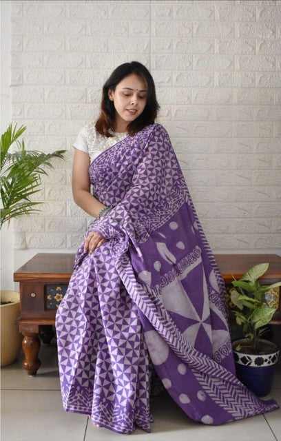 Generic Women's Linen Printed Saree With Unstitched Blouse - 5.5 Mtr (Purple)