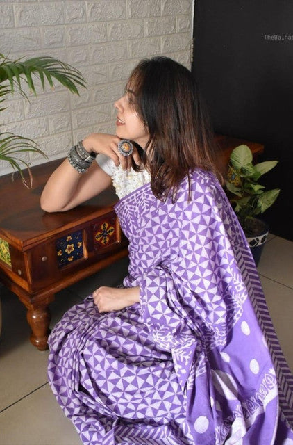 Generic Women's Linen Printed Saree With Unstitched Blouse - 5.5 Mtr (Purple)