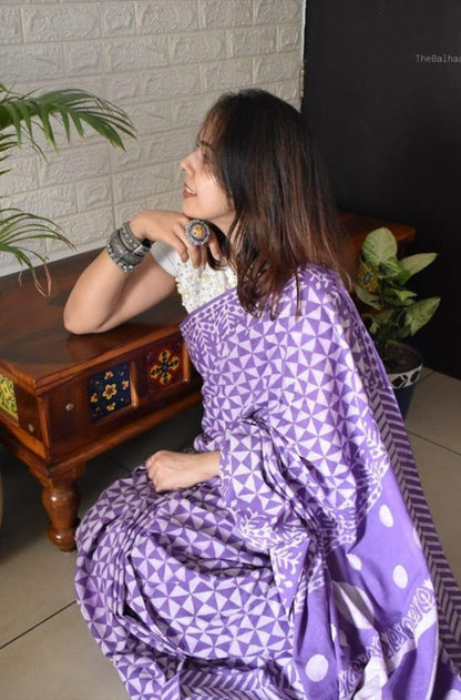 Generic Women's Linen Printed Saree With Unstitched Blouse - 5.5 Mtr (Purple)