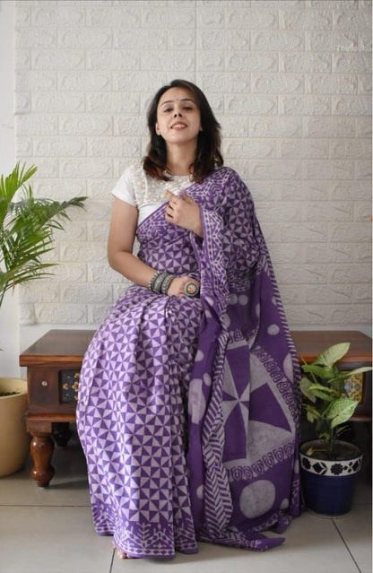 Generic Women's Linen Printed Saree With Unstitched Blouse - 5.5 Mtr (Purple)