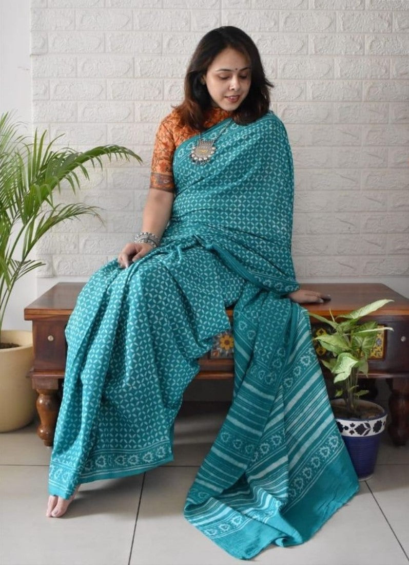 Generic Women's Linen Printed Saree With Unstitched Blouse - 5.5 Mtr (Teal)