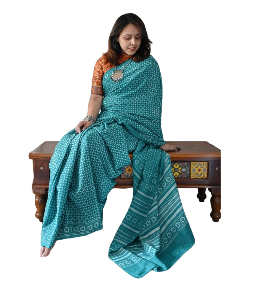 Generic Women's Linen Printed Saree With Unstitched Blouse - 5.5 Mtr (Teal)