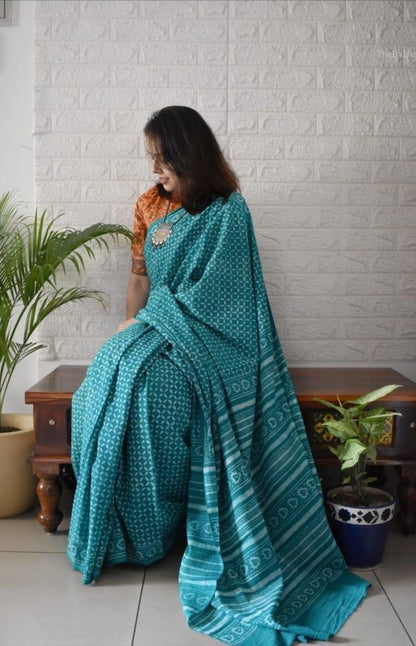 Generic Women's Linen Printed Saree With Unstitched Blouse - 5.5 Mtr (Teal)