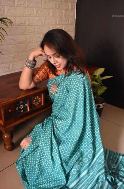 Generic Women's Linen Printed Saree With Unstitched Blouse - 5.5 Mtr (Teal)