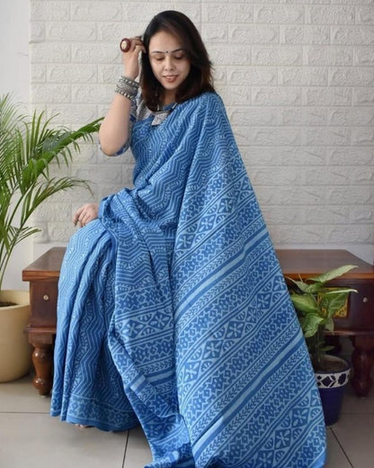 Generic Women's Linen Printed Saree With Unstitched Blouse - 5.5 Mtr (Royal blue)