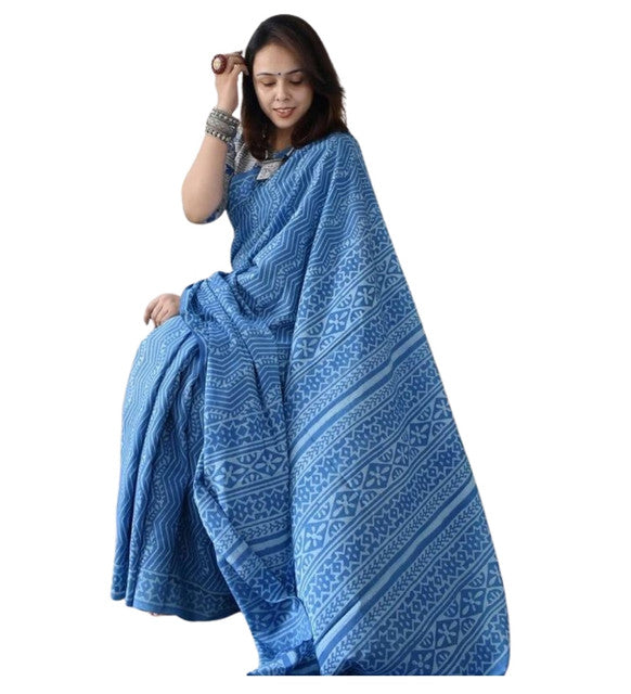 Generic Women's Linen Printed Saree With Unstitched Blouse - 5.5 Mtr (Royal blue)