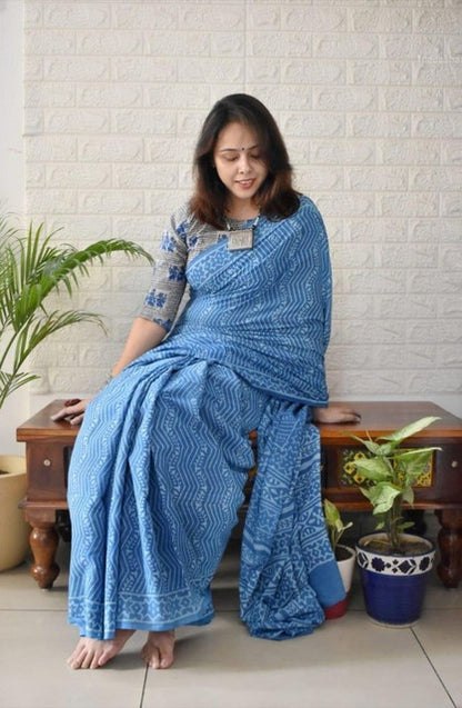 Generic Women's Linen Printed Saree With Unstitched Blouse - 5.5 Mtr (Royal blue)