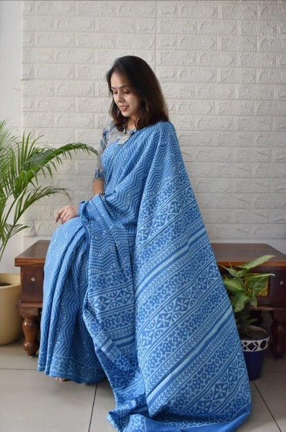 Generic Women's Linen Printed Saree With Unstitched Blouse - 5.5 Mtr (Royal blue)