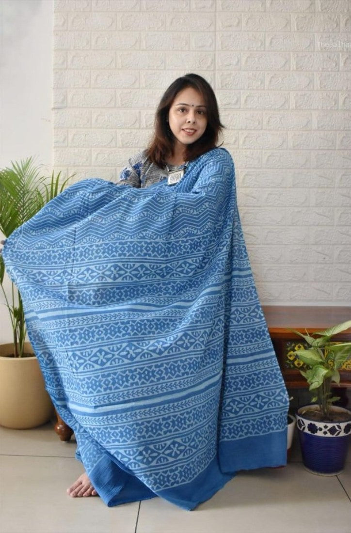 Generic Women's Linen Printed Saree With Unstitched Blouse - 5.5 Mtr (Royal blue)