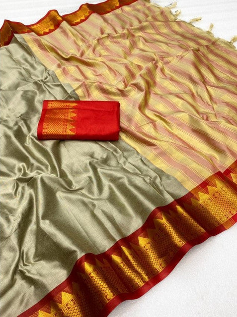 Women's Cotton Silk Striped Saree With Unstitched Blouse - 5.5 Mtr (Beige-Red)