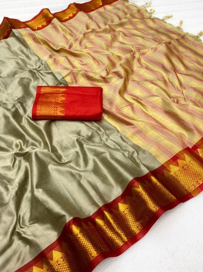 Women's Cotton Silk Striped Saree With Unstitched Blouse - 5.5 Mtr (Beige-Red)