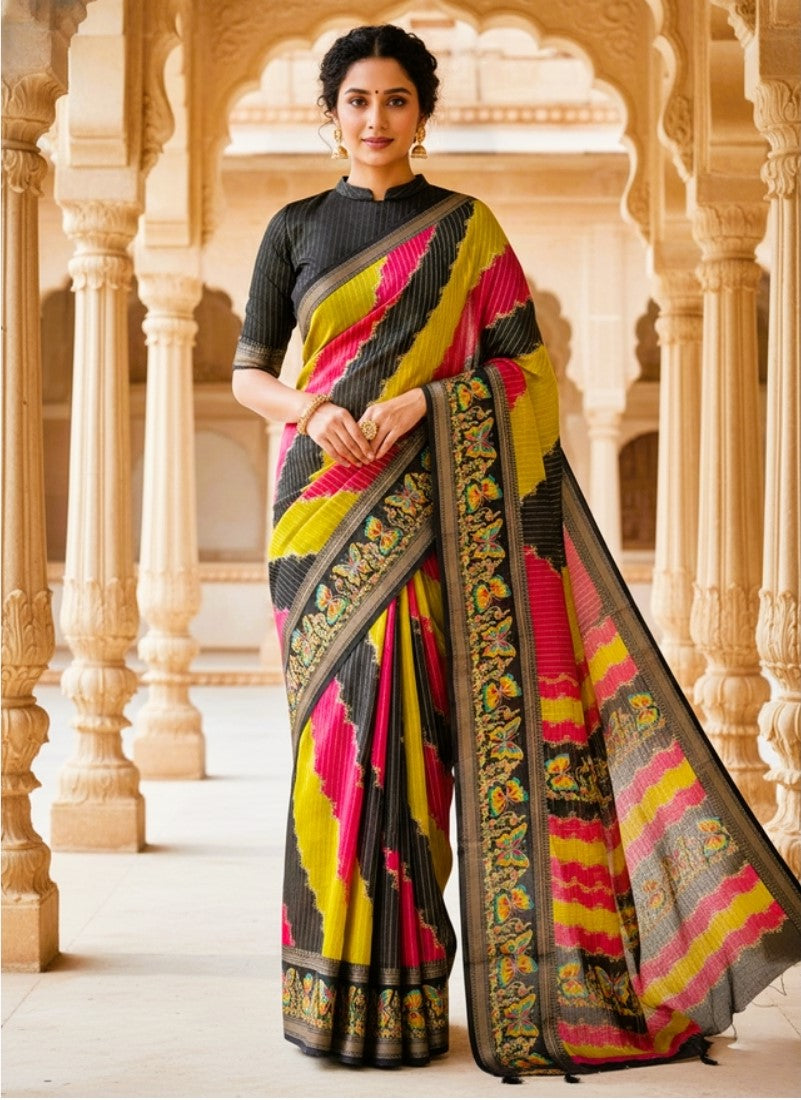 Generic Women's Silk Kalamkari Printed Saree With Unstitched Blouse - 5.5 Mtr (Multicolor)