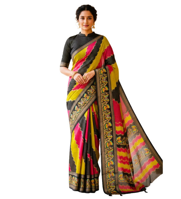 Generic Women's Silk Kalamkari Printed Saree With Unstitched Blouse - 5.5 Mtr (Multicolor)