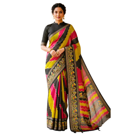 Generic Women's Silk Kalamkari Printed Saree With Unstitched Blouse - 5.5 Mtr (Multicolor)