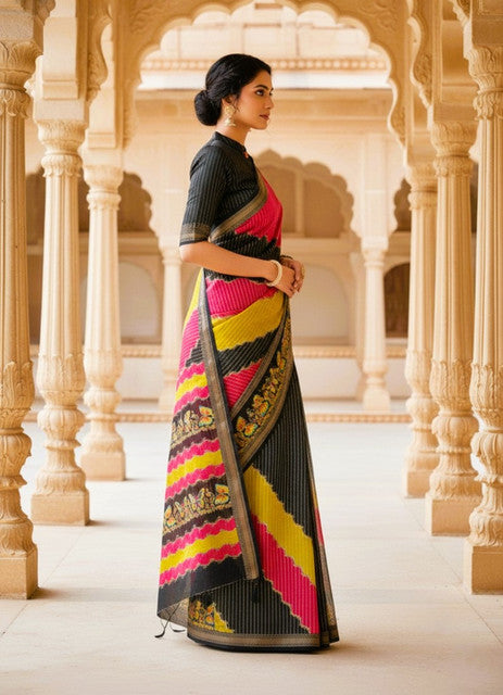 Generic Women's Silk Kalamkari Printed Saree With Unstitched Blouse - 5.5 Mtr (Multicolor)