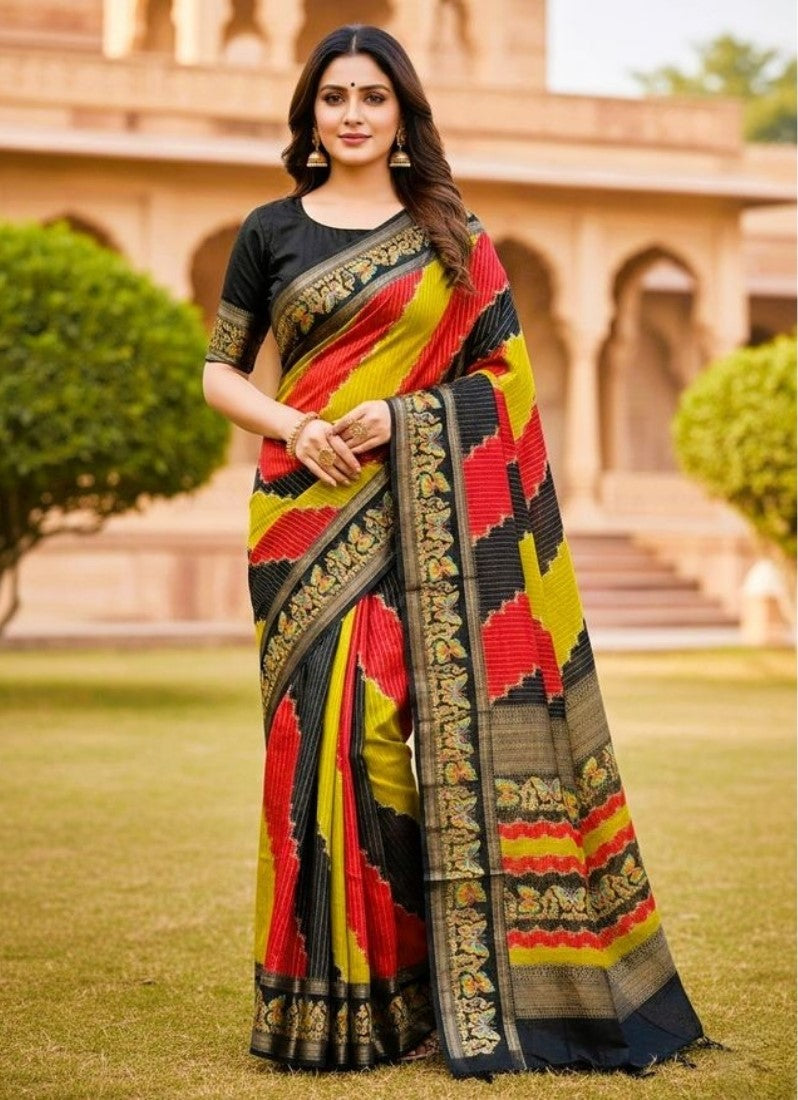 Generic Women's Silk Kalamkari Printed Saree With Unstitched Blouse - 5.5 Mtr (Multicolor)