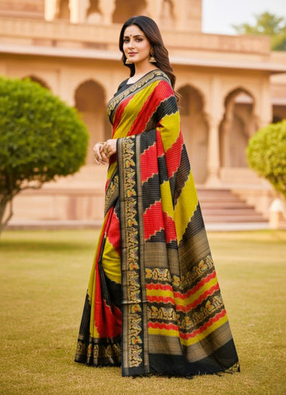 Generic Women's Silk Kalamkari Printed Saree With Unstitched Blouse - 5.5 Mtr (Multicolor)