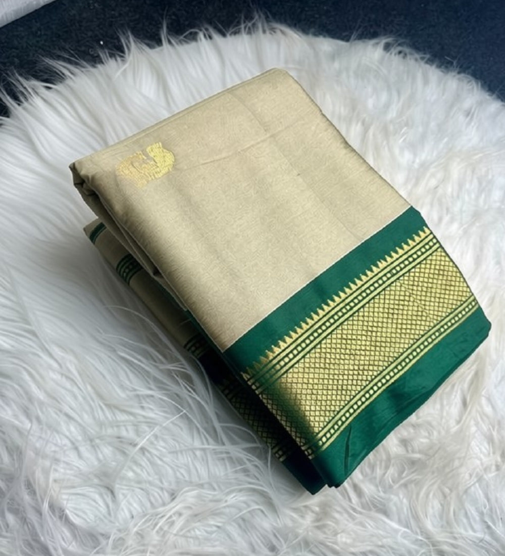 Generic Women's Cotton Silk Solid Saree With Unstitched Blouse - 5.5 Mtr (Beige-Green)