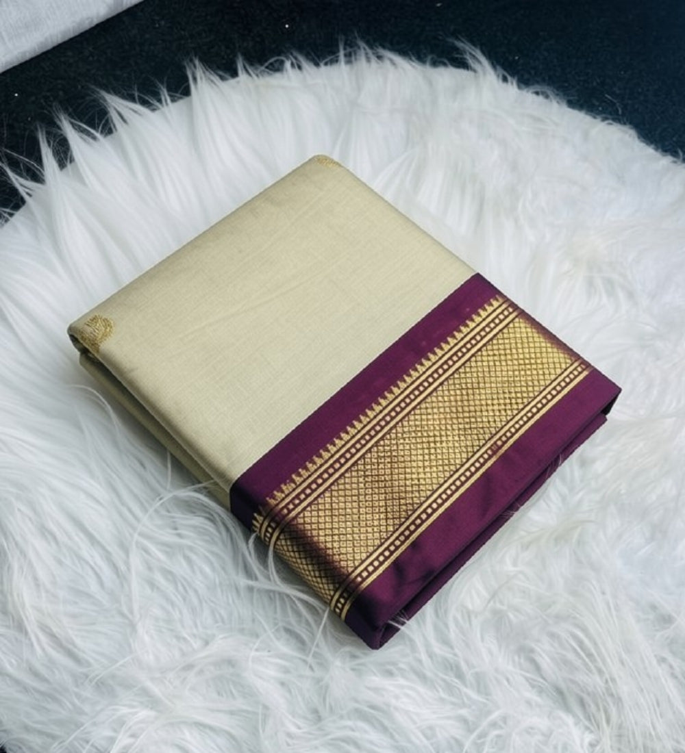 Generic Women's Cotton Silk Solid Saree With Unstitched Blouse - 5.5 Mtr (Cream-Wine)