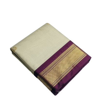Generic Women's Cotton Silk Solid Saree With Unstitched Blouse - 5.5 Mtr (Cream-Wine)