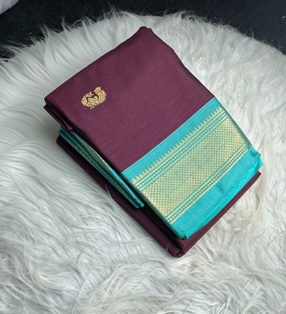 Generic Women's Cotton Silk Solid Saree With Unstitched Blouse - 5.5 Mtr (Purple-Turquoise)
